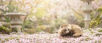 Adorable red fox resting peacefully among fallen cherry blossom petals in serene Japanese garden setting with soft spring sunlight filtering through trees.