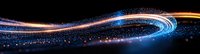 Glowing blue and orange light trails with sparkles against black background create dynamic motion effect for technology and communication designs.
