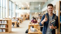 Young male student with brown hair and light complexion, wearing casual navy jacket and gray shirt, holding books and giving thumbs up in modern library setting with bookshelves and other students studying.