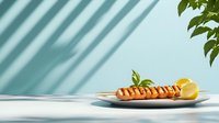 Grilled chicken skewers with fresh lemon on white plate against blue wall with natural palm shadows creating modern minimal summer dining composition.