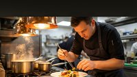 Professional male chef in dark apron carefully plating gourmet dish in commercial kitchen with warm lighting and steam rising from cooking pots.