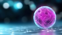 Glowing pink sphere with ethereal smoke effect inside transparent glass orb on reflective surface against blurred blue bokeh background.