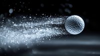 Flying golf ball with motion effect and sparkling particles trail on dark background, dynamic sports concept for golf tournament promotion and design.