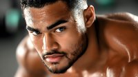 Athletic Latino male with intense gaze and determined expression, sweating during workout at gym. Strong facial features and muscular shoulders visible in dramatic lighting.