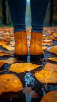 Woman wearing brown leather ankle boots and skinny jeans standing on wet ground covered with fallen autumn maple leaves after rain, rear view close-up shot.