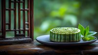 Green tea mooncake with intricate pattern on dark plate beside traditional wooden window, fresh mint leaves garnish, natural lighting creates serene atmosphere.