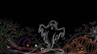 Halloween line art ghost with pumpkins witch hat and spooky elements on black background for seasonal decorations and party designs.