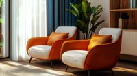 Modern orange and cream armchairs in sunlit living room with houseplant. Contemporary interior design featuring curved furniture and wooden accents in warm natural lighting.