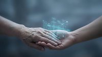 Two hands joining together with glowing digital network hologram above, representing technology partnership, data connection, and business collaboration between professionals.