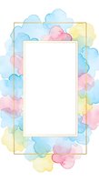 Soft pastel watercolor clouds surrounding a gold rectangular frame with white copy space, on white background, isolated for cards and invitations.