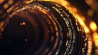 Glowing golden spiral tunnel with digital binary code pattern and bokeh lights creating futuristic technology background for tech concepts and designs.