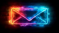 Glowing neon envelope icon with vibrant red and blue gradient lighting effects against dark background, electric sparks and energy trails creating dynamic atmosphere.