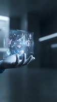 Businessman holding transparent digital tablet with glowing holographic network interface, data visualization, and connected nodes for technology, innovation, and digital transformation concepts.