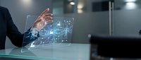 Businessman touching futuristic holographic interface with digital network icons and data visualization in modern office environment for technology presentations.