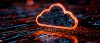 Glowing orange neon cloud shape with circuit board patterns floating over digital network connections, representing cloud computing technology and data storage.