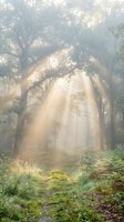Misty forest path with golden sunlight streaming through tall trees and lush green undergrowth, creating atmospheric rays of light through fog. Use for nature, wellness, and meditation projects.