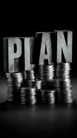 Wooden PLAN letters standing on stacked coins against black background representing financial planning and investment strategy for business growth.