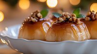 Caramel glazed mini bundt cakes topped with crushed nuts and drizzled sauce on elegant white plate, soft bokeh lights creating festive mood in background.