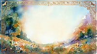 Watercolor landscape with ornate golden frame border, rolling hills, wildflower meadow, and soft pastel sky. Suitable for stationery, invitations, and decorative backgrounds.