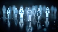 Glowing blue figures of people on dark background with reflection, representing social networking, digital community and human connections in technology.