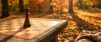 Chess pawn piece standing on wooden chessboard in autumn park with golden sunlight and fallen leaves creating warm atmospheric outdoor game setting.