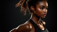 Young African American female athlete in black sports top against dark background, natural curly hair, strong confident profile pose showing defined shoulders.