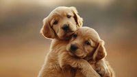 Adorable golden retriever puppies cuddling together against soft brown background, showcasing pet companionship and canine friendship.