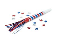 Patriotic party blower with red, white and blue stripes and star confetti scattered around isolated on white background for celebrations and events.