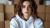 Young Caucasian woman with brown wavy hair wearing white hoodie sweatshirt, looking directly at camera with natural makeup against blurred cardboard boxes background.