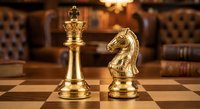 Golden chess pieces king and knight on wooden chessboard with blurred library background. Strategic thinking, leadership and business planning concept.