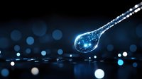 Glowing blue digital spoon with magical sparkles and light particles floating on dark background with bokeh effect, futuristic technology concept.