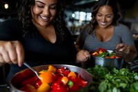 Two women with curly dark hair and medium skin tone prepare fresh vegetables in a modern kitchen, smiling while cooking together with colorful bell peppers and fresh herbs.