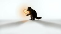 Black cat silhouette holding glowing light bulb on white background symbolizing creativity, innovation and bright ideas for business concepts.