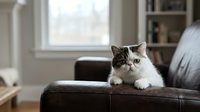 Adorable tabby and white cat relaxing on brown leather sofa in bright modern living room with bookshelf and natural window light for pet lifestyle content.