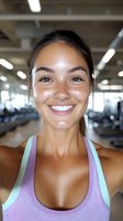 Happy young mixed-race woman taking selfie after workout in modern gym with bright smile and athletic wear showing fitness motivation and healthy lifestyle.
