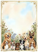 Watercolor dogs group with floral frame and copy space, featuring golden retriever, beagle, dachshund, border collie, German shepherd for greeting cards.