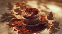 Aromatic cocoa powder in glass jar surrounded by autumn leaves, creating warm rustic composition for food photography or culinary blog.