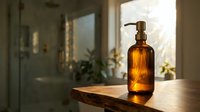 Amber glass pump bottle with natural sunlight streaming through bathroom window creating warm golden hour atmosphere for skincare and wellness products.