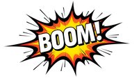 Comic book explosion burst with BOOM text in bold white letters on vibrant yellow orange background with black spikes radiating outward for graphic design.
