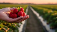 Fresh ripe strawberries in cupped hands at sunset over agricultural field rows. Organic fruit harvest concept for healthy eating and farm produce marketing.