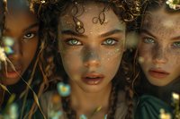 Diverse young women with freckles and gold glitter makeup in natural setting, showcasing unique beauty and ethereal aesthetic.