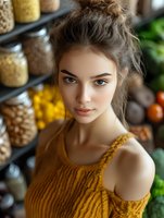 Young Caucasian woman with messy bun hairstyle in mustard yellow knitted top standing in modern kitchen with glass storage jars and fresh ingredients.