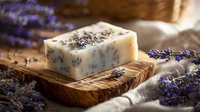 Handmade lavender soap bar with dried flowers on wooden tray surrounded by fresh purple lavender sprigs for natural skincare and aromatherapy relaxation.