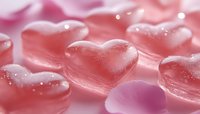 Pink translucent heart shapes with delicate water drops and soft bokeh effect create romantic mood. Rose petal adds natural element to dreamy Valentine composition.