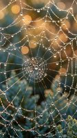 Spider web covered in morning dew drops with golden bokeh background creating natural geometric pattern for nature and macro photography concepts.
