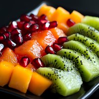 Fresh sliced tropical fruits arranged in colorful rows with mango, pomegranate seeds and kiwi on black plate, macro food photography for healthy eating.