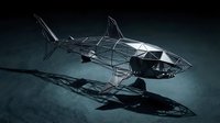 Geometric wireframe shark sculpture with polygonal metal framework casting dramatic shadow on dark surface for modern art and design projects.