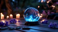 Crystal ball with glowing blue magical light surrounded by purple flowers and lit candles on wooden surface, creating mystical fortune telling atmosphere.