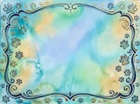 Watercolor background with soft pastel blue, yellow, and green washes featuring ornate turquoise frame border and delicate floral elements. Suitable for invitations, greeting cards, scrapbooking, and design projects.