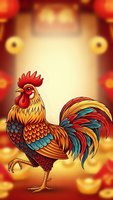 Colorful rooster with vibrant plumage standing on warm bokeh background with golden lights for Chinese New Year celebrations and festive designs.